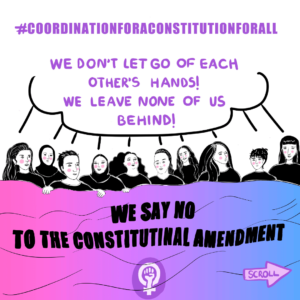#Coordinationforconstitutionforall (at the top of the page) People holding the banner that says: We don't let go of each other's hands! We leave none of us behind! We say no to the constitutional amendment!